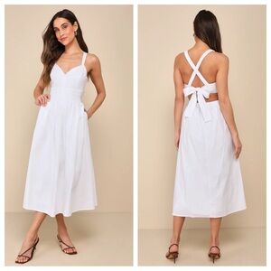 Lulus Strolling Sicily White Pleated Backless Midi Dress With Pockets